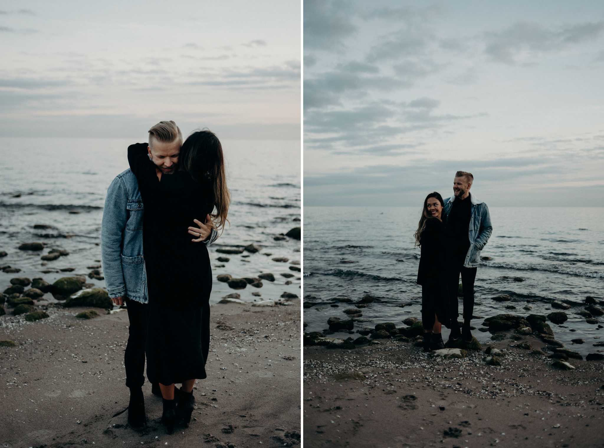 woman with black hair hugging blonde hair man on beach at dusk