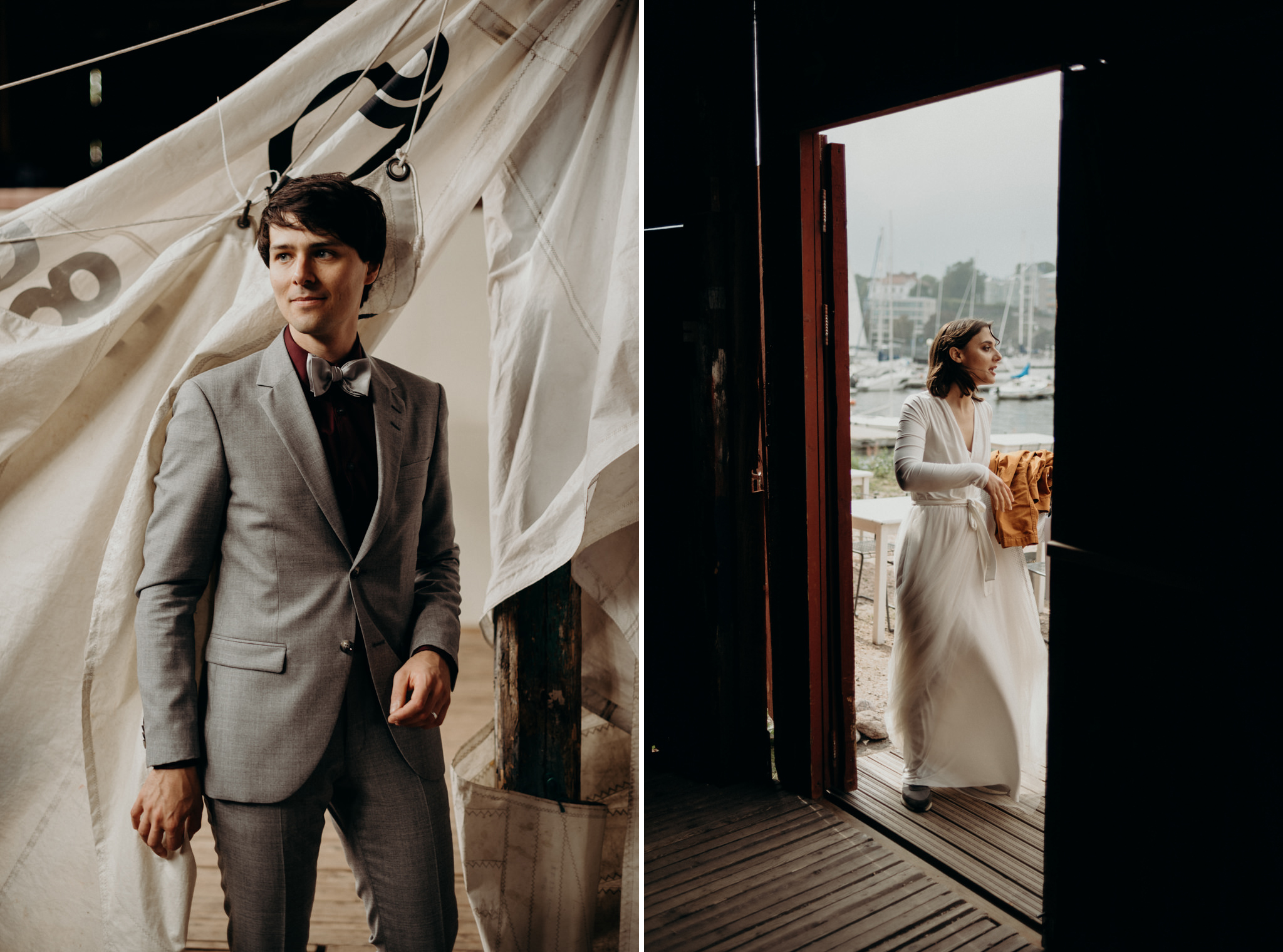 bride and groom getting dressed in old boathouse in Helsinki