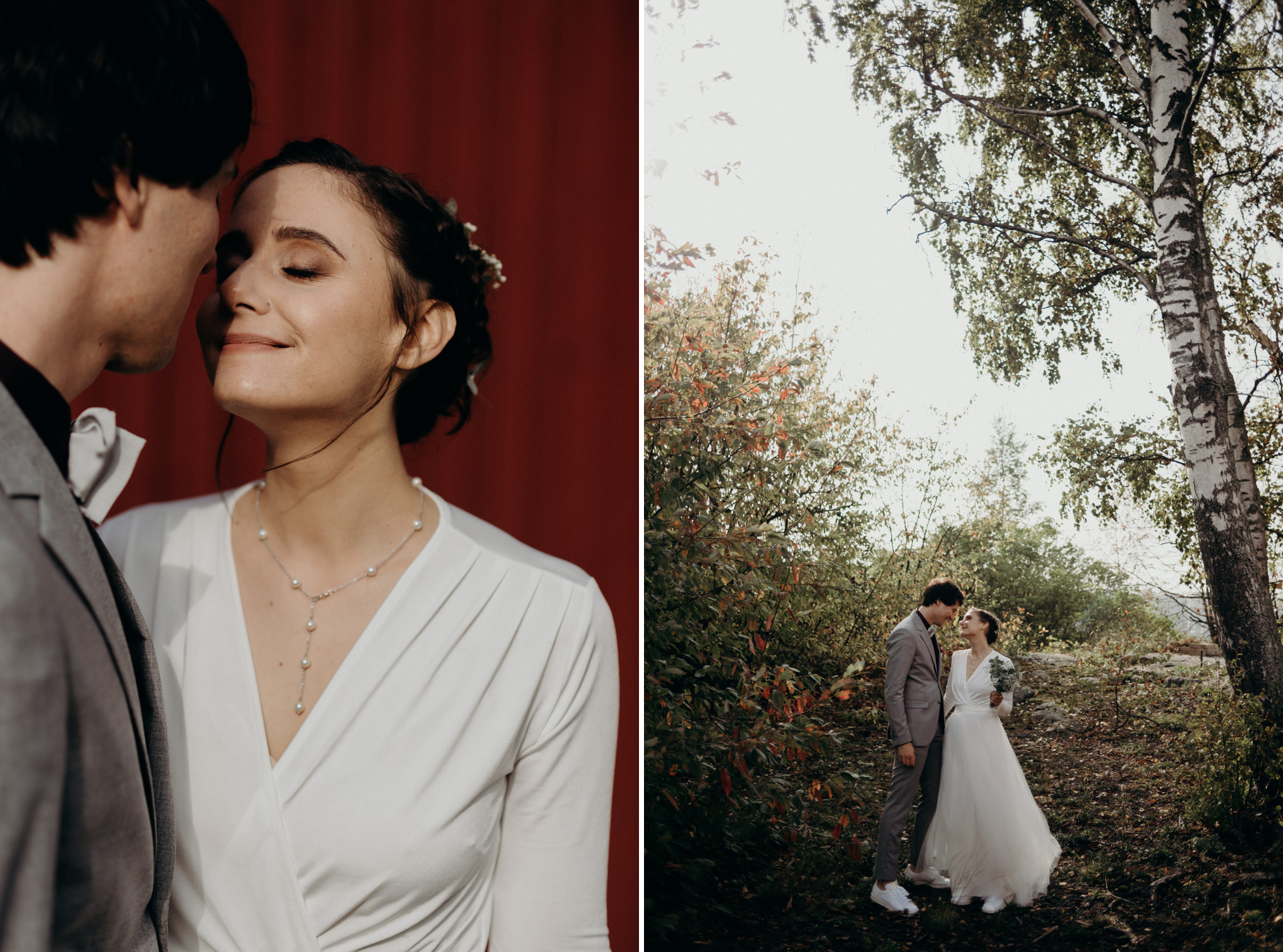 Bride and groom standing in light for portraits