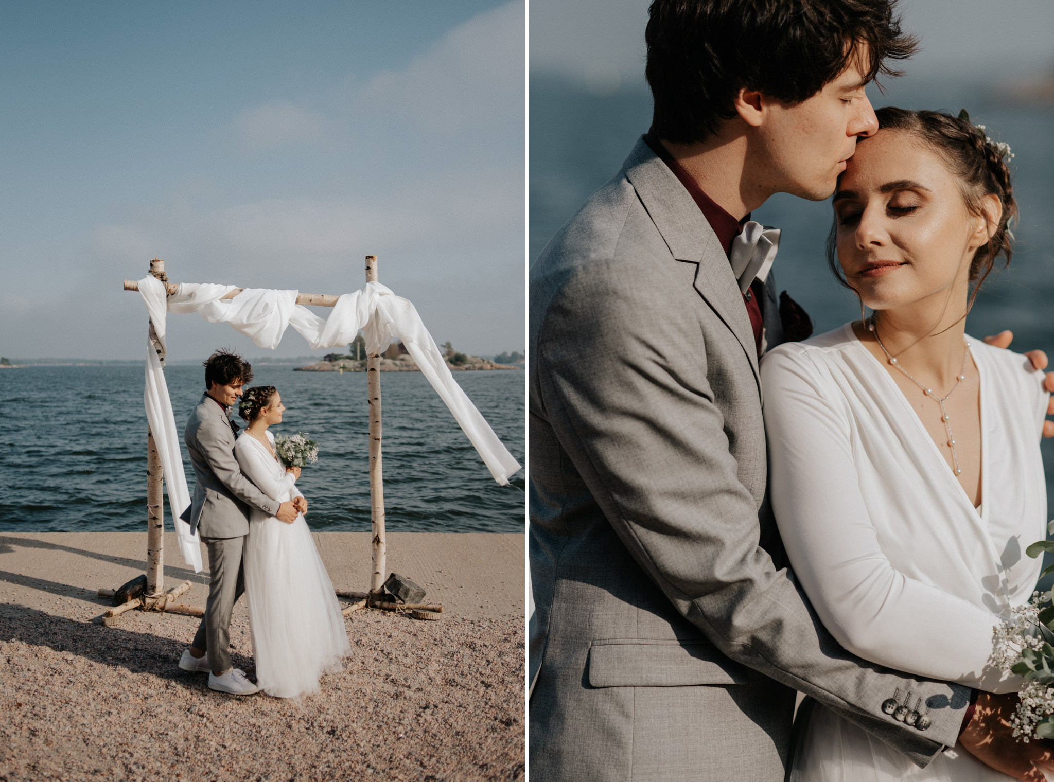 Bride standing in sunlight coming through windows of old boathouse surrounded by old sails