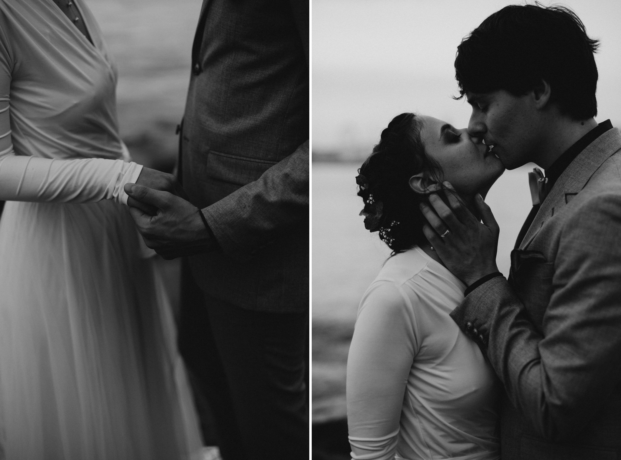 black and white images of couple kissing during wedding reception