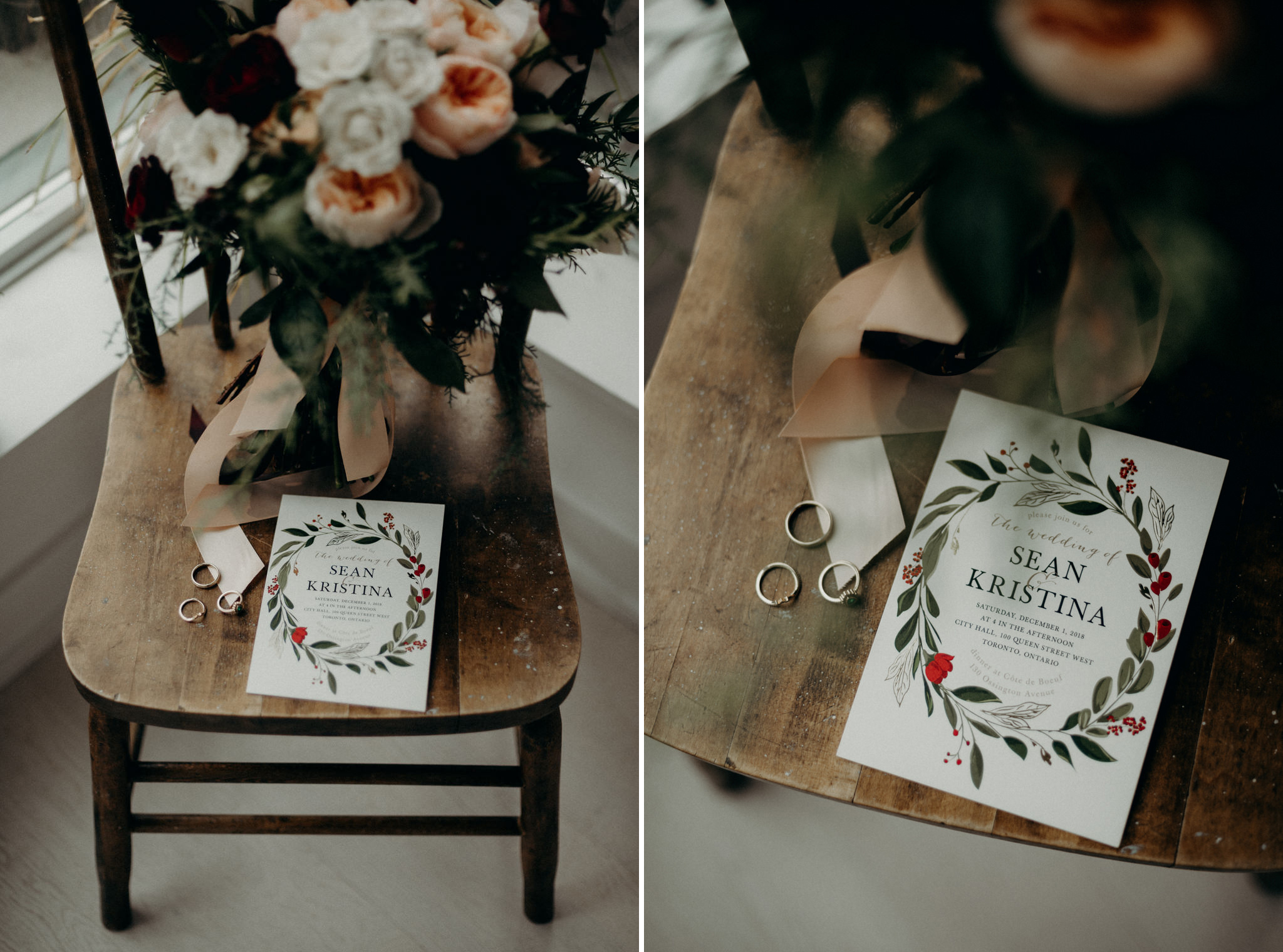 wedding invitation, rings and bouquet on wooden chair