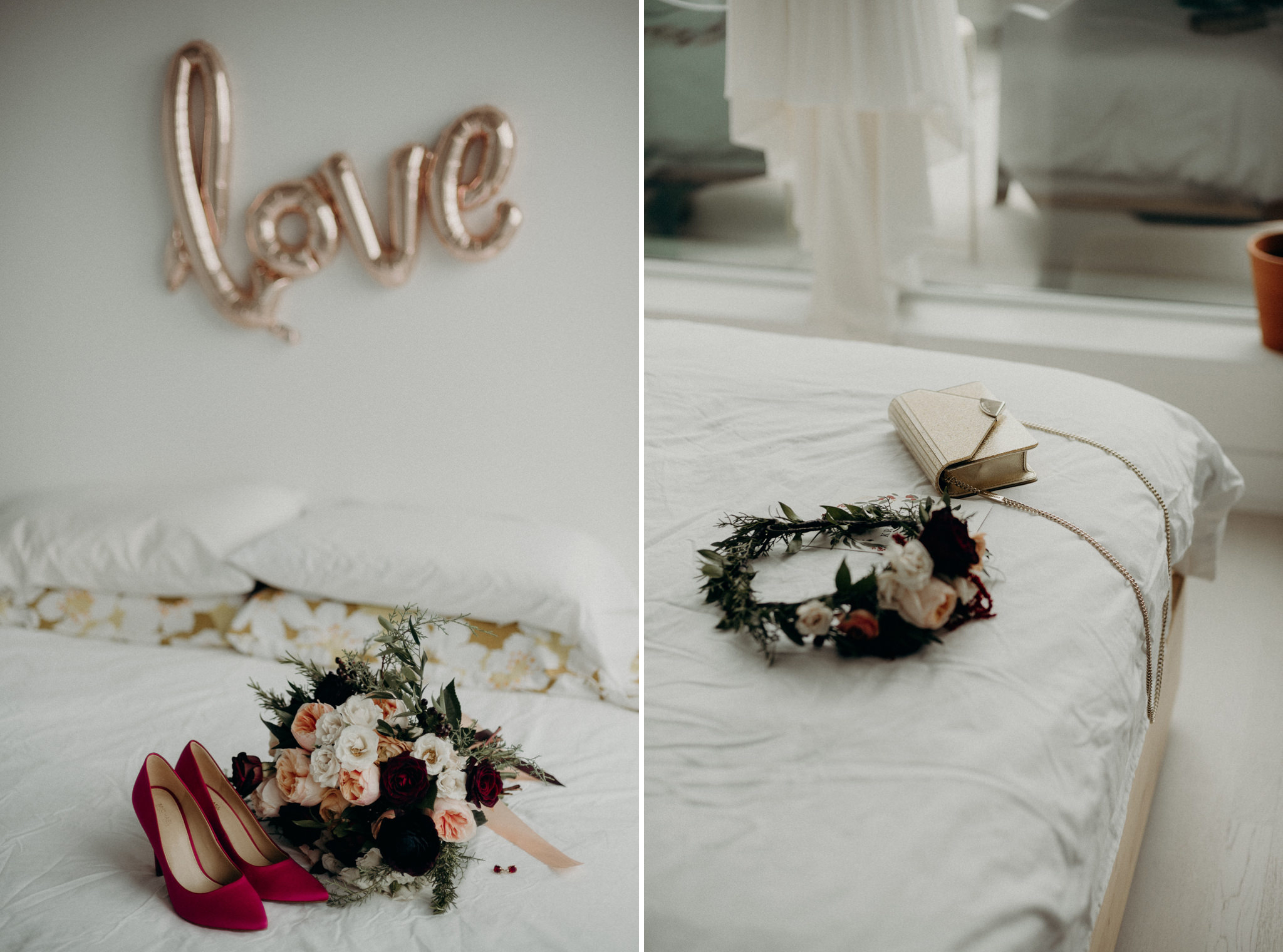 wedding dress hanging in front of large windows in condo bedroom