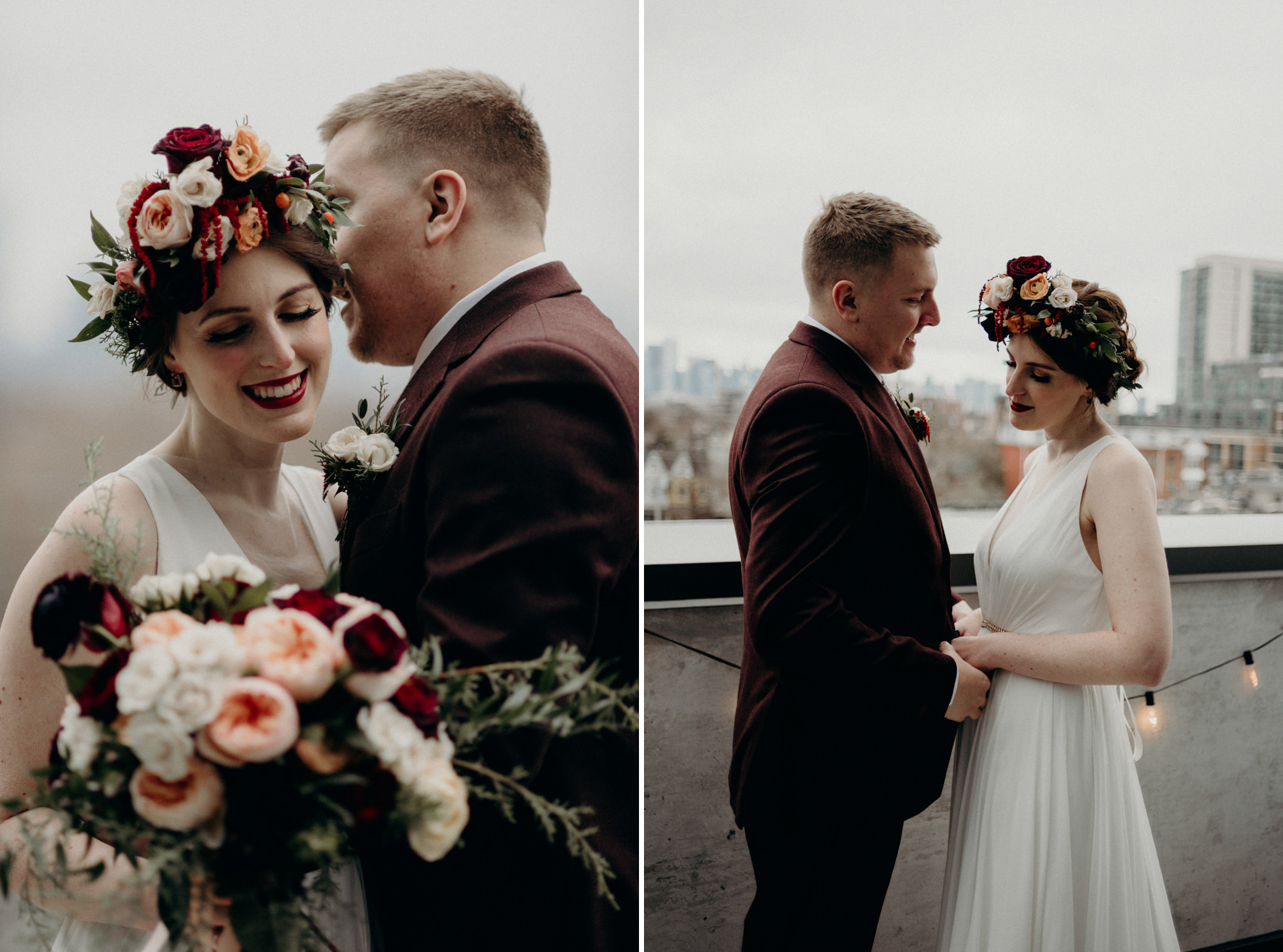 bride and groom on patio with Toronto skyline in background