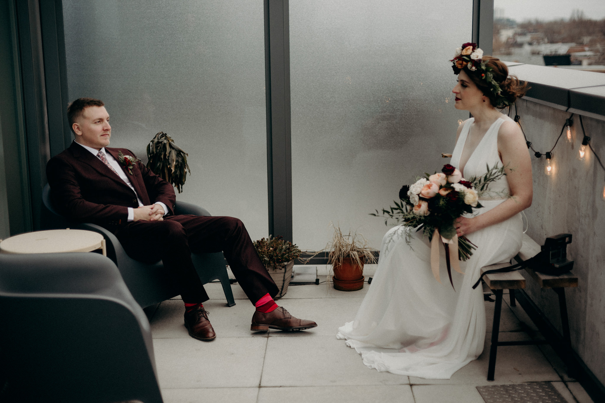 bride and groom on condo patio