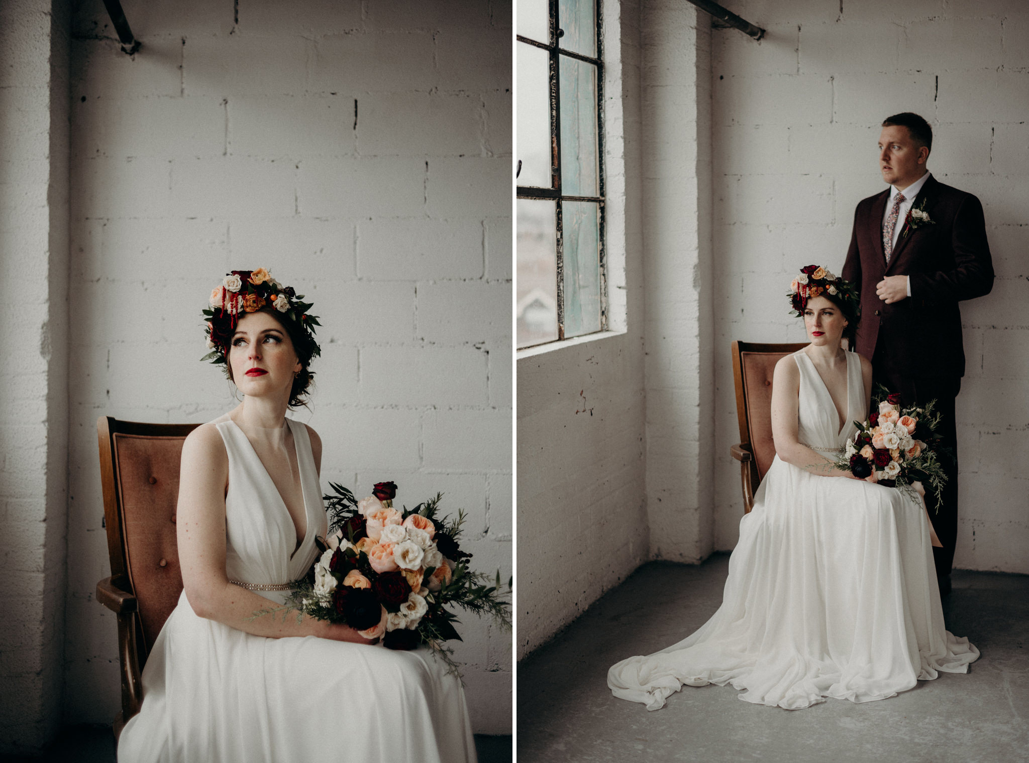 bride sitting in chair with bouquet looking out window