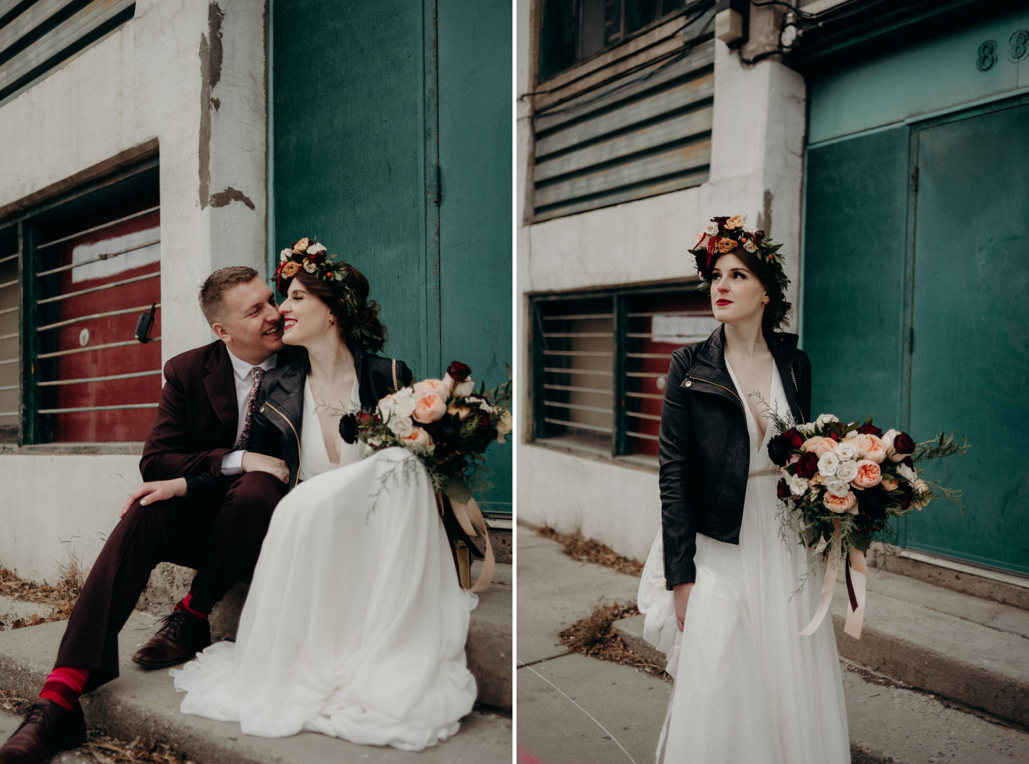 hip wedding couple standing in front of old building, bride wearing large floral crown