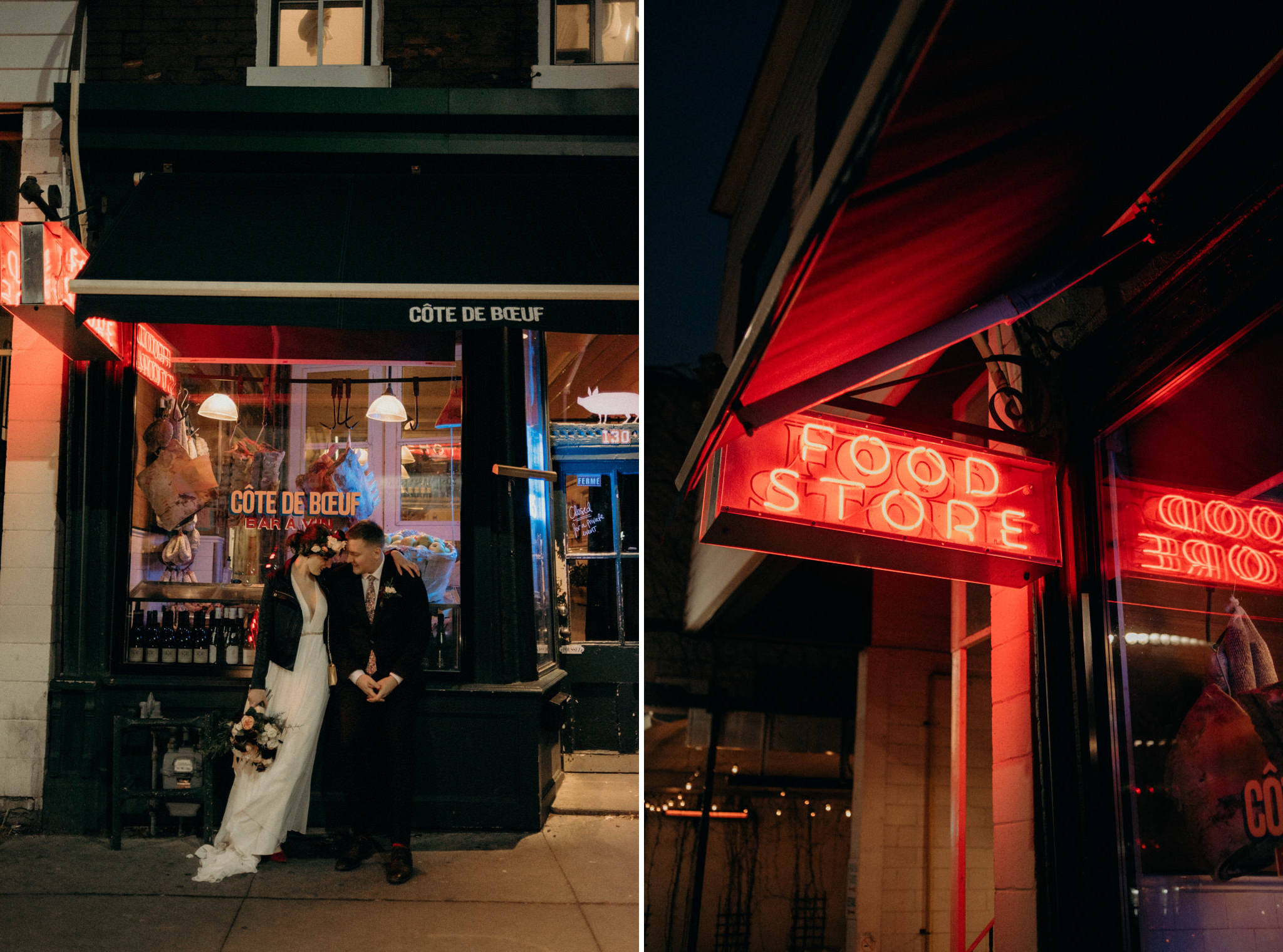 bride and groom kissing in front of neon signs of store in Toronto