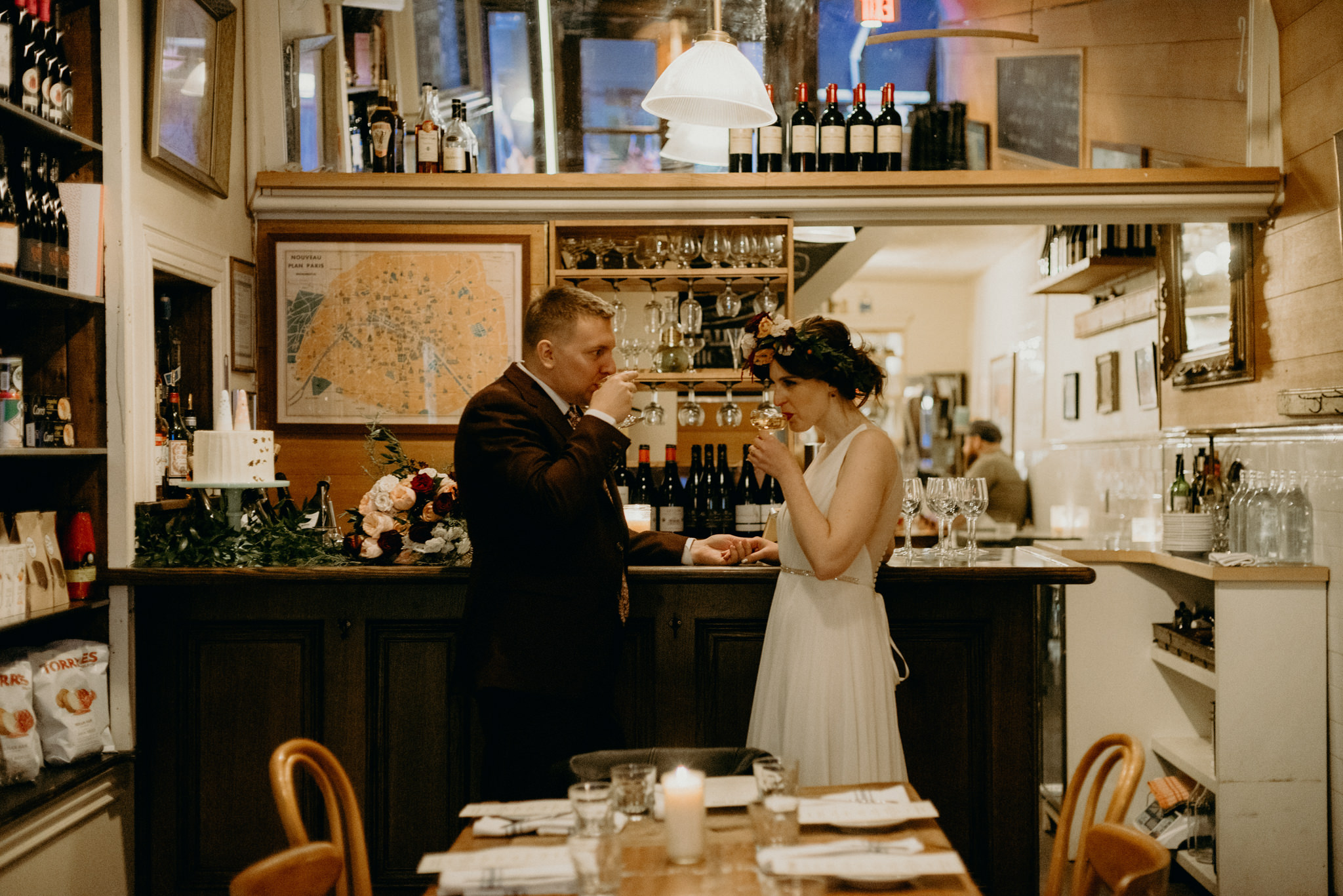 bride holding drink at Cote de Boeuf Ossington