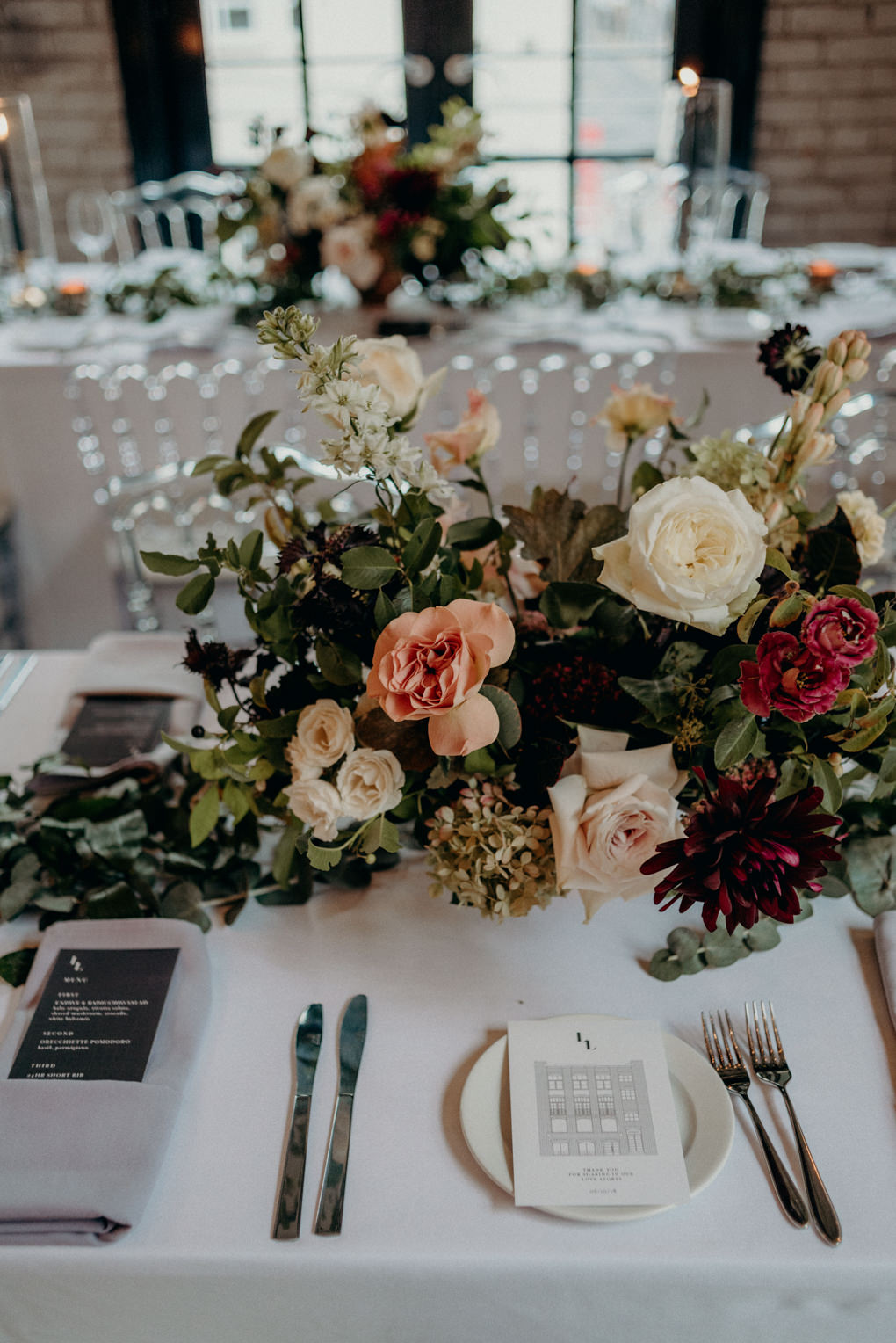 Flower arrangement on table for reception