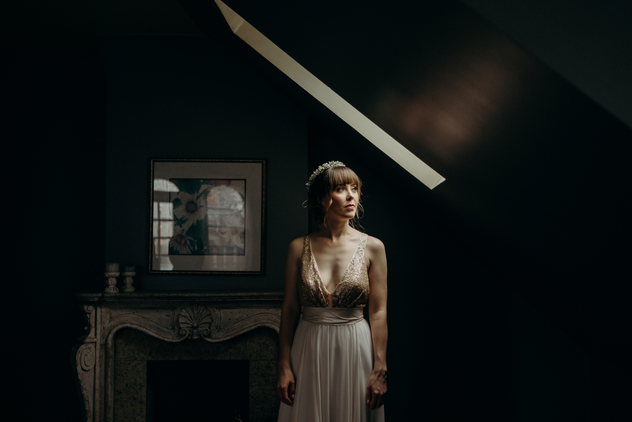 bride in loft room with skylight