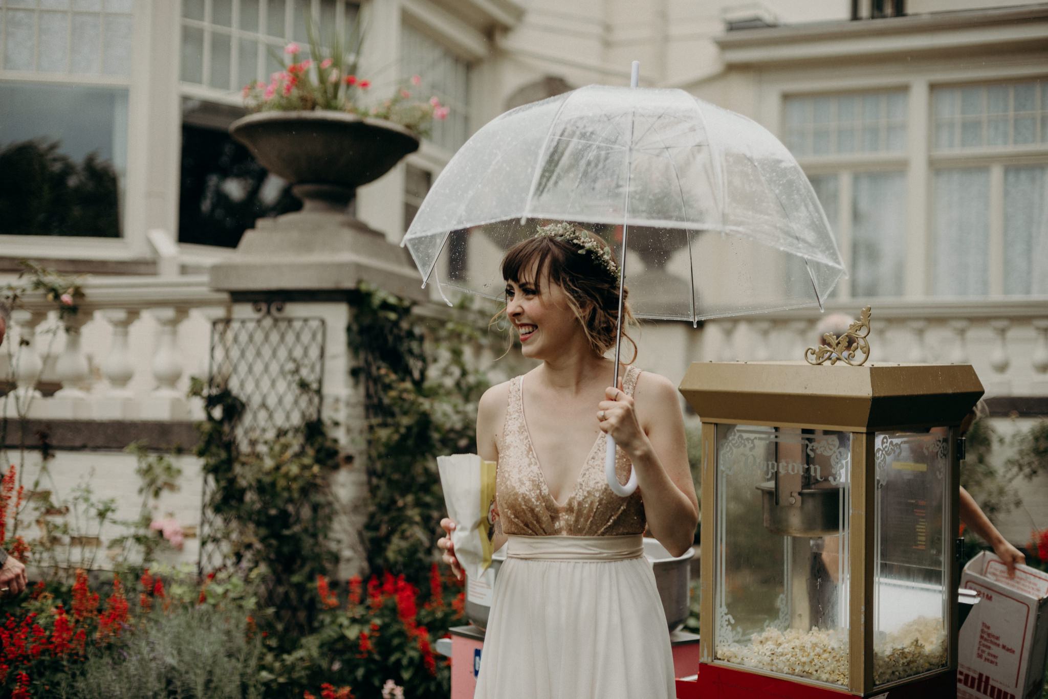 bride with umbrella and cotton candy at Spadina Museum