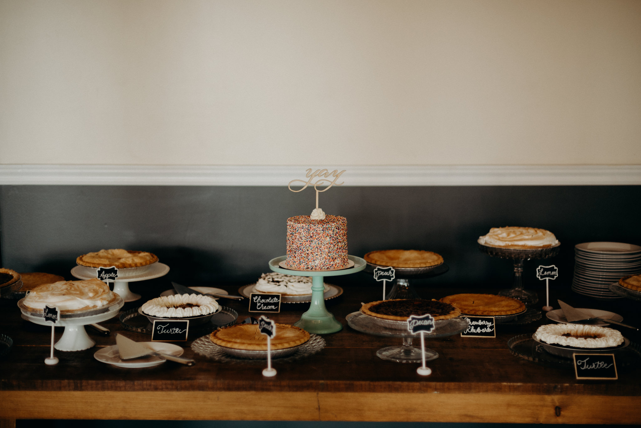 cake and pie table at Jam Factory wedding reception