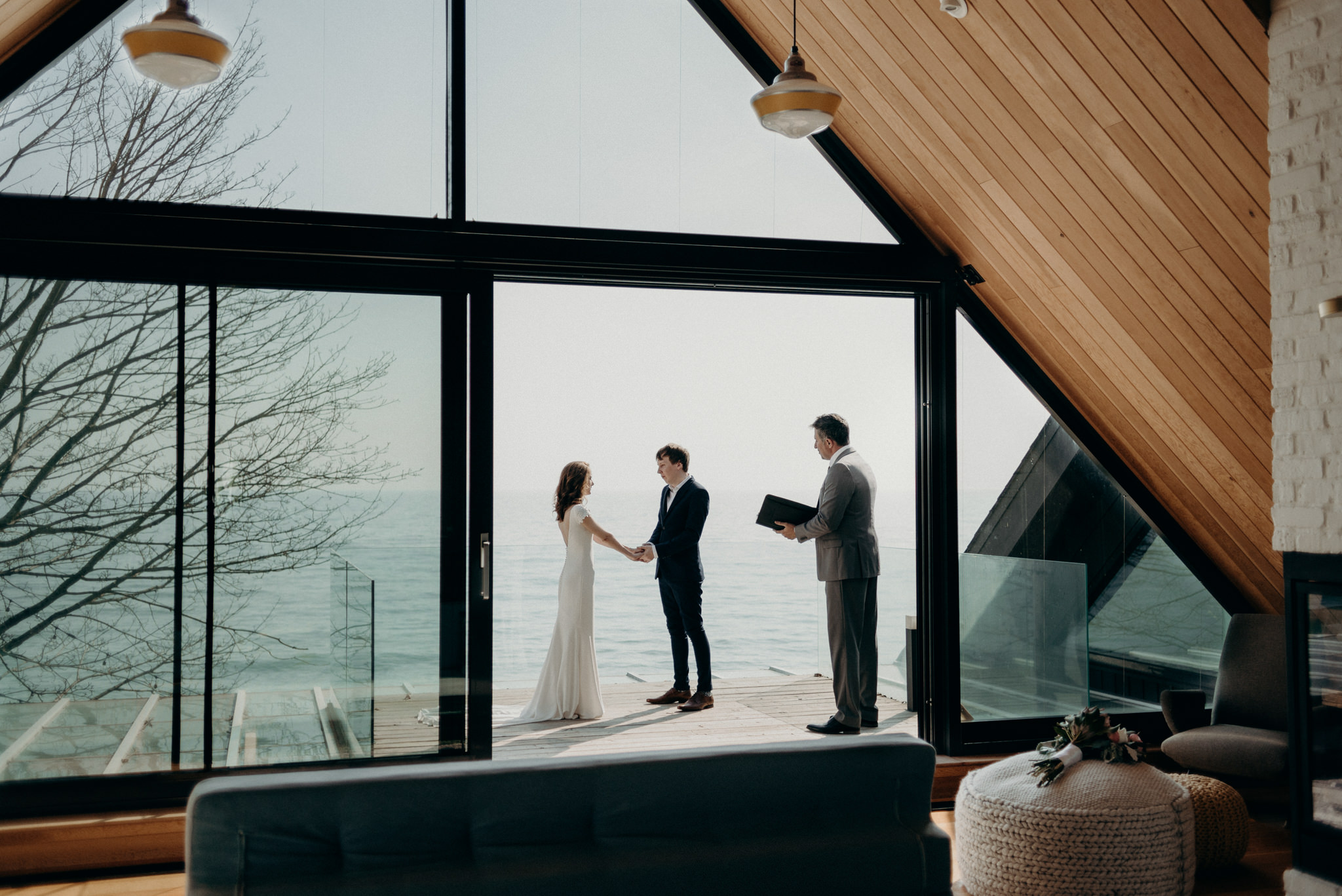 Bride and groom eloping on patio of owner's suite at Drake Devonshire Inn