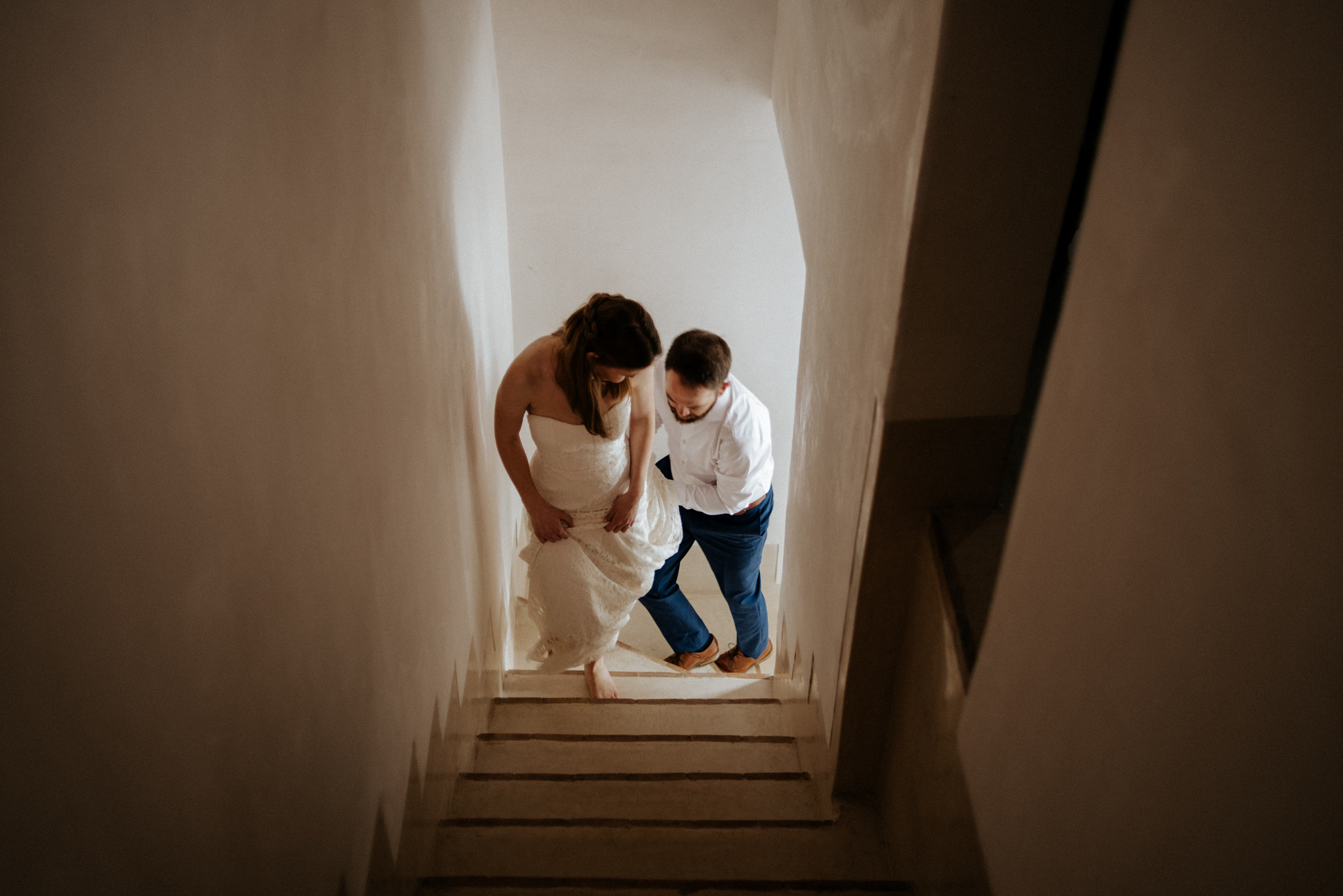 couple walking up stairs, Morocco elopement