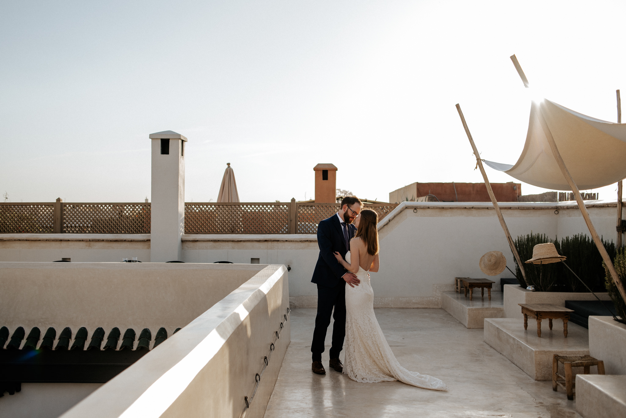 Rooftop sunset wedding portraits at Riad 42 in Marrakech