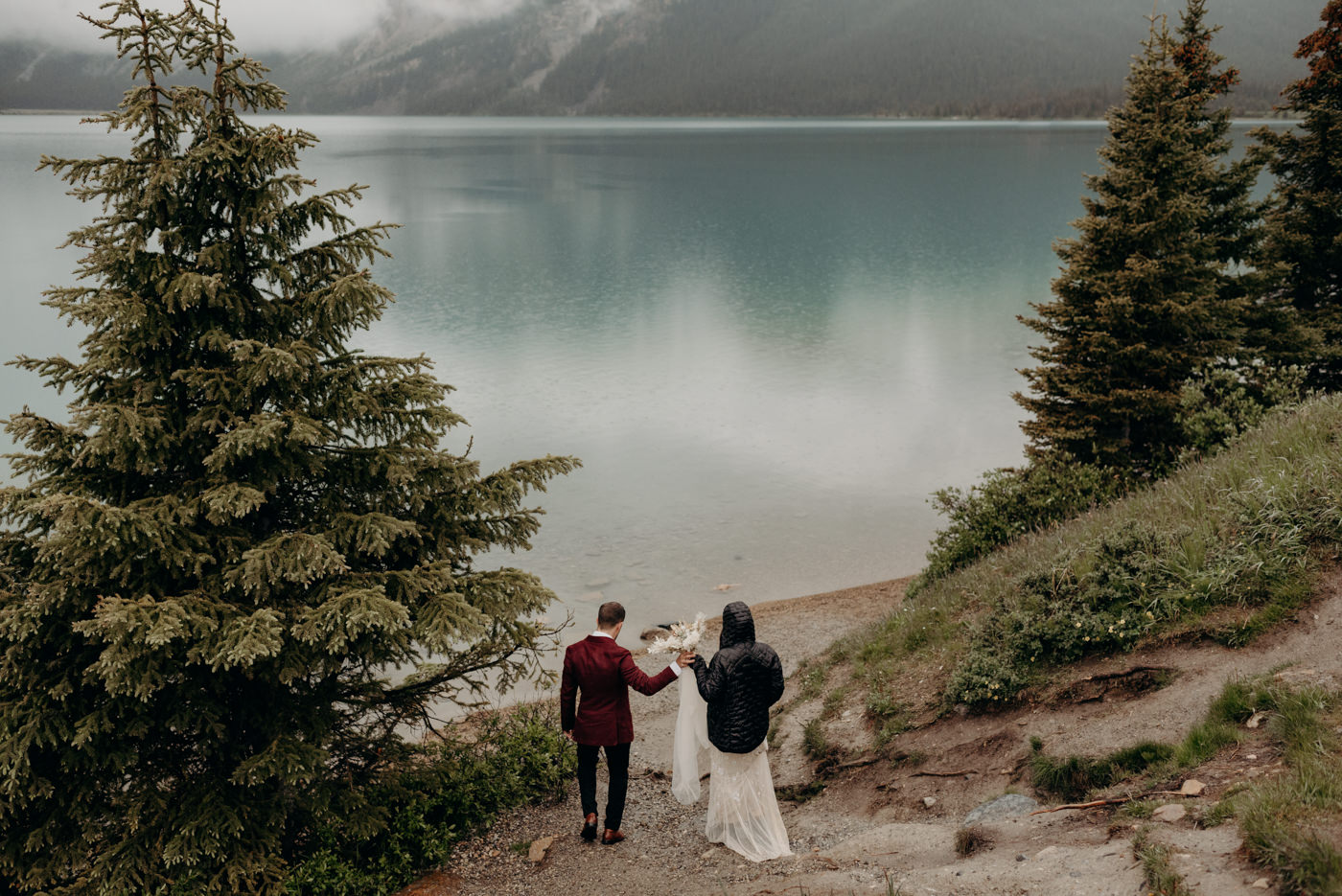 Bow Lake elopement photos in the rain