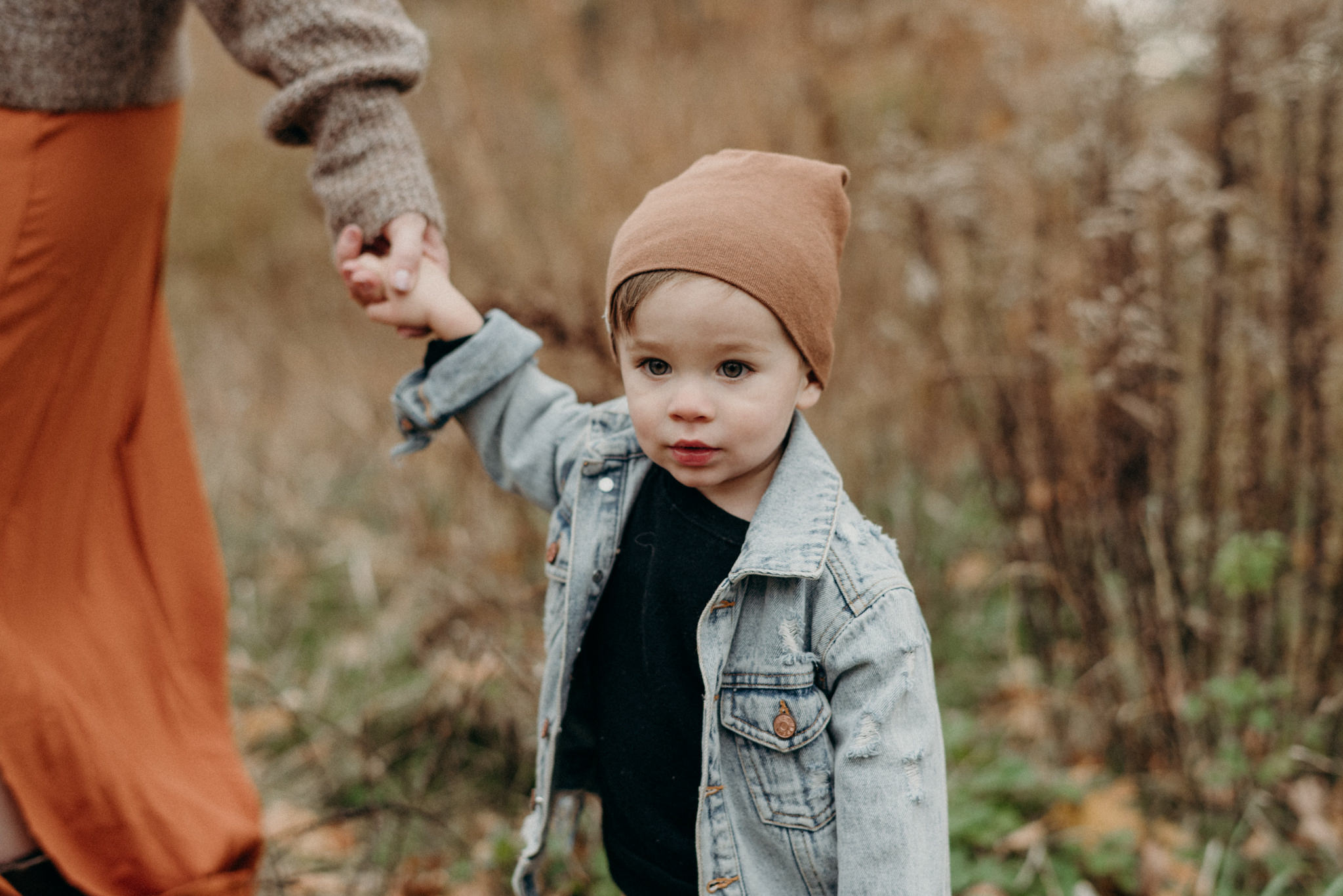 little boy holding moms hand in High Park in the fall