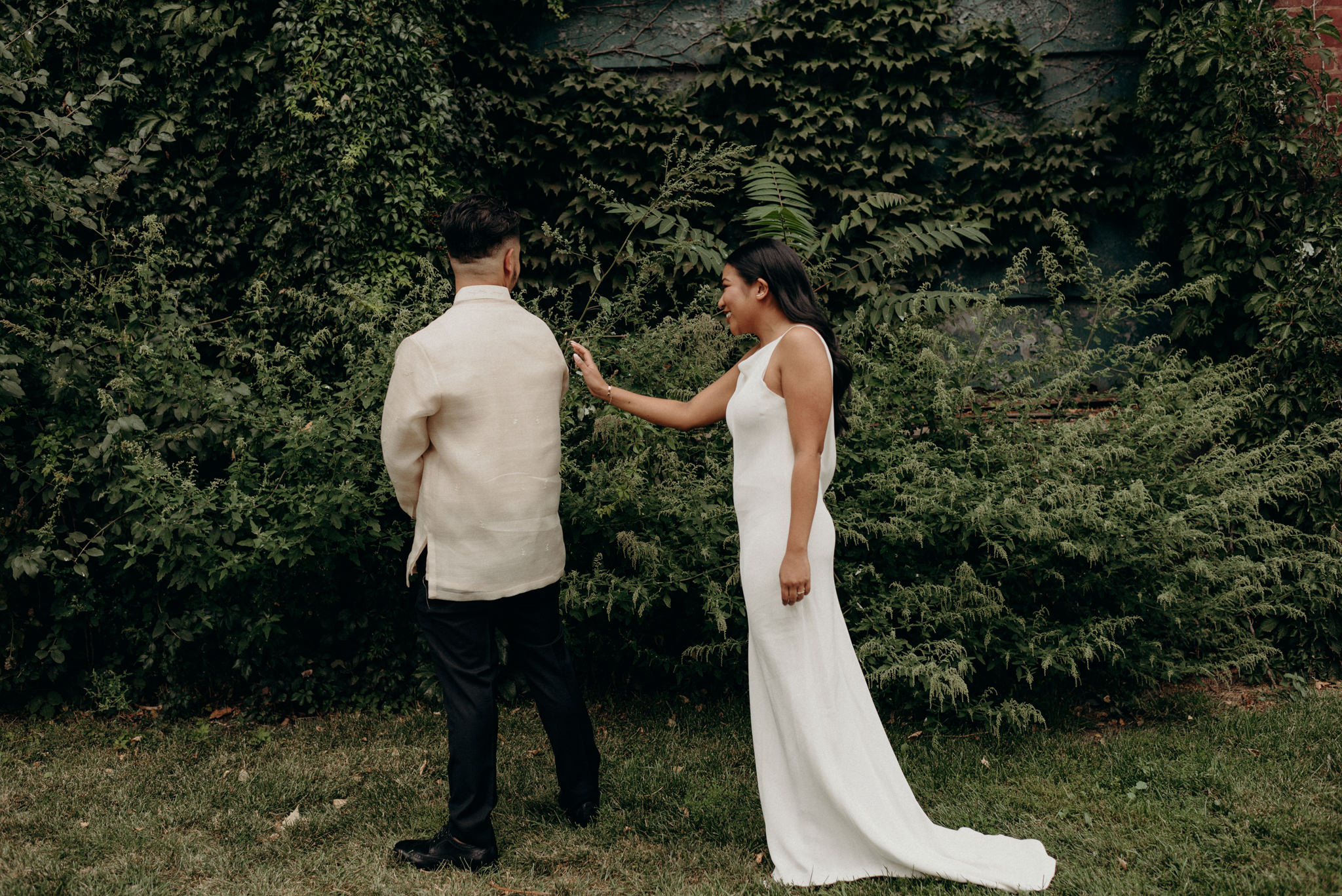 bride and groom first look at Distillery District