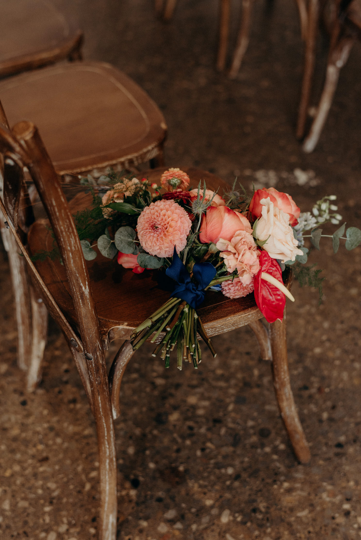 bouquet on wood chair