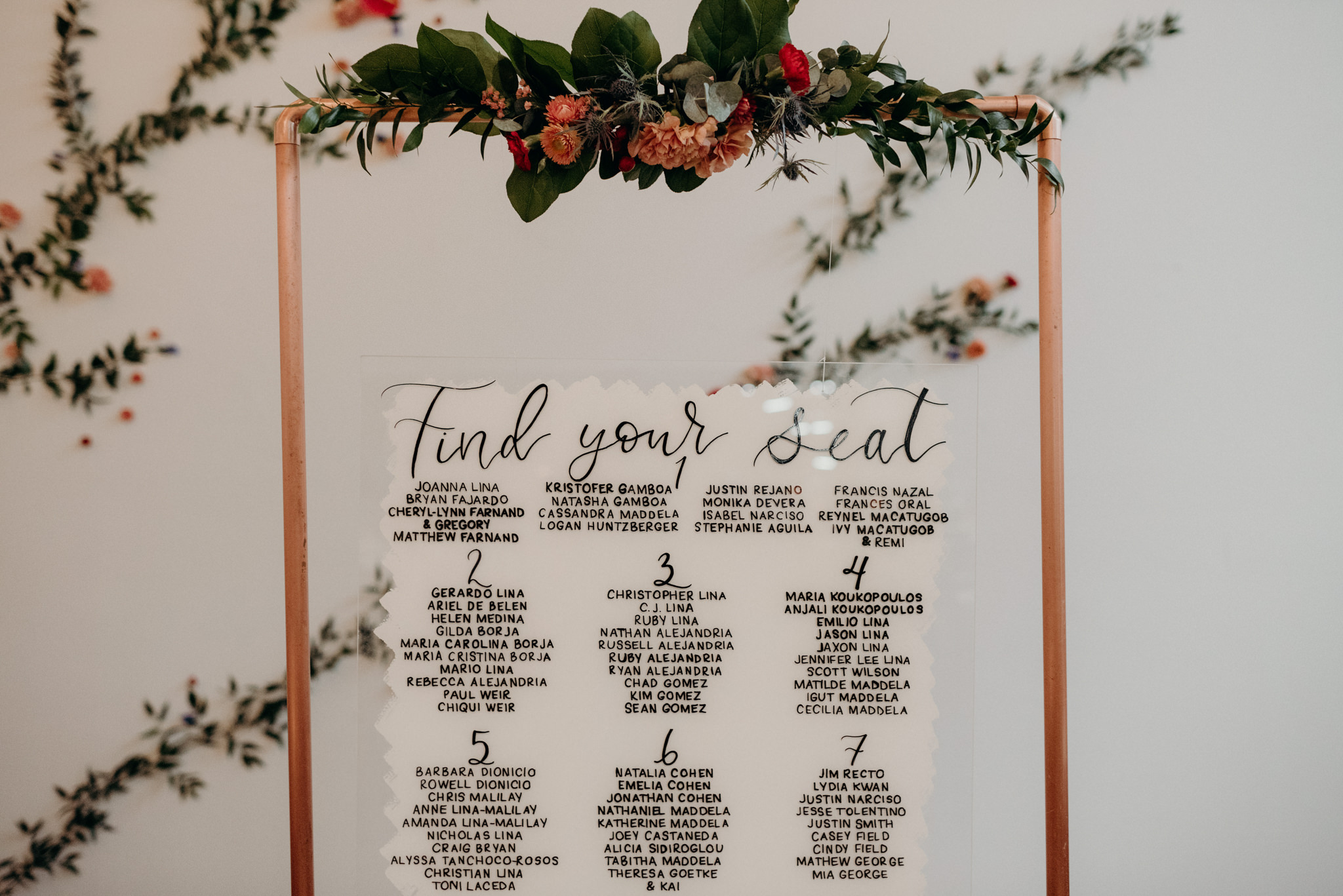 Seating chart on copper pipe frame with flowers