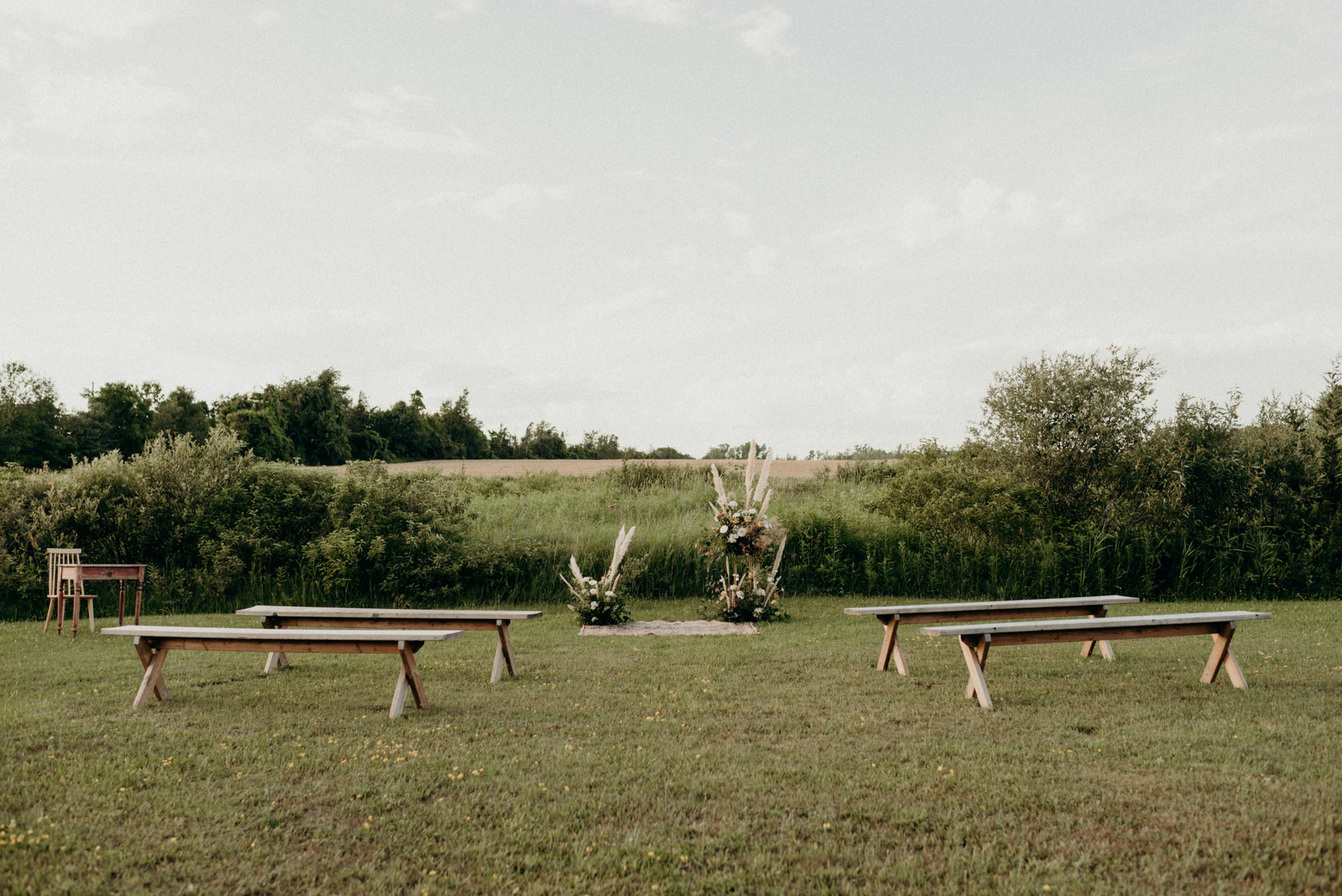 micro wedding outdoor wedding ceremony set up surrounded by fields of flowers with wooden benches, florals and carpet for ceremony