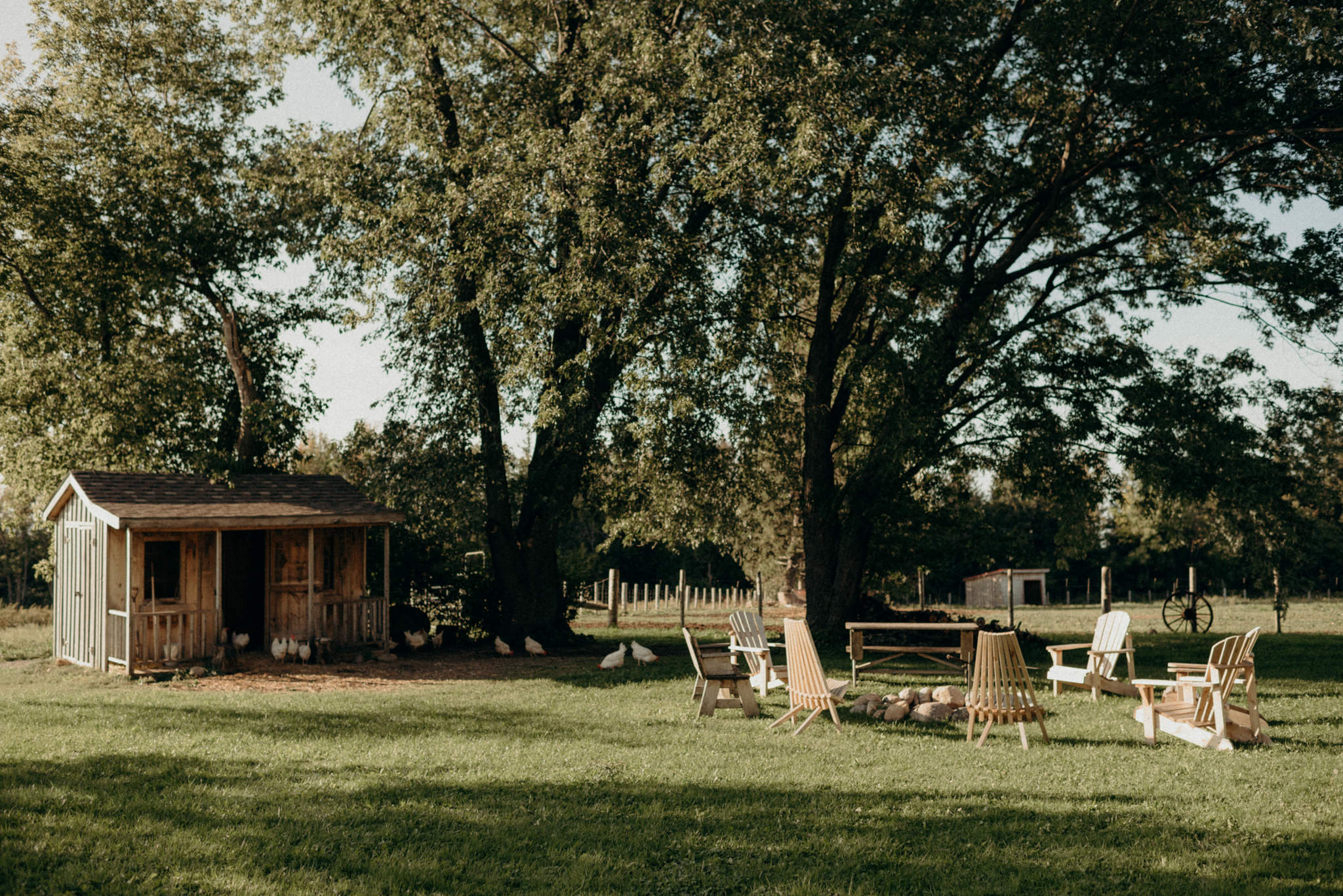 chicken coop and chairs around fire pit at farmhouse