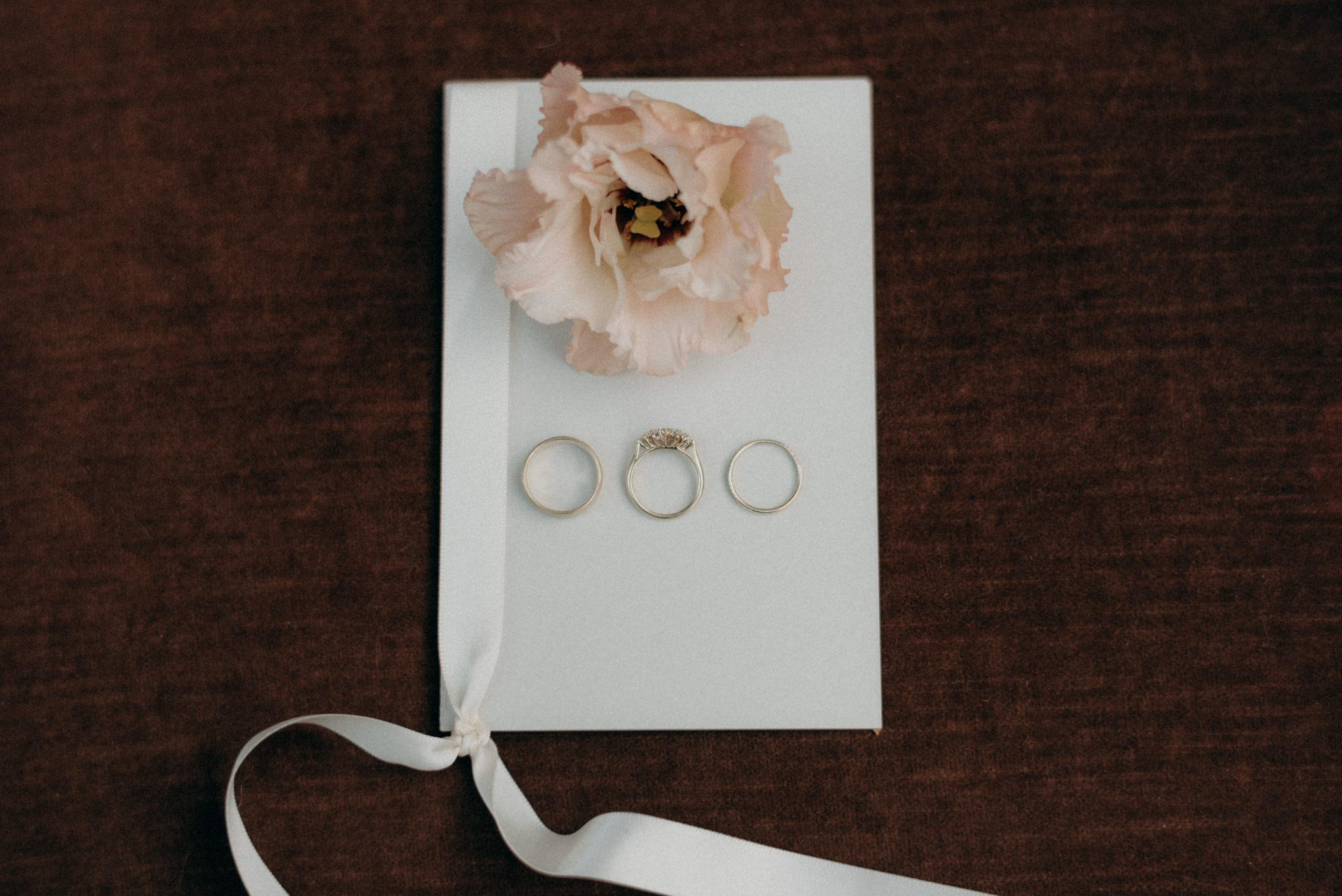 wedding rings and flower on vow book