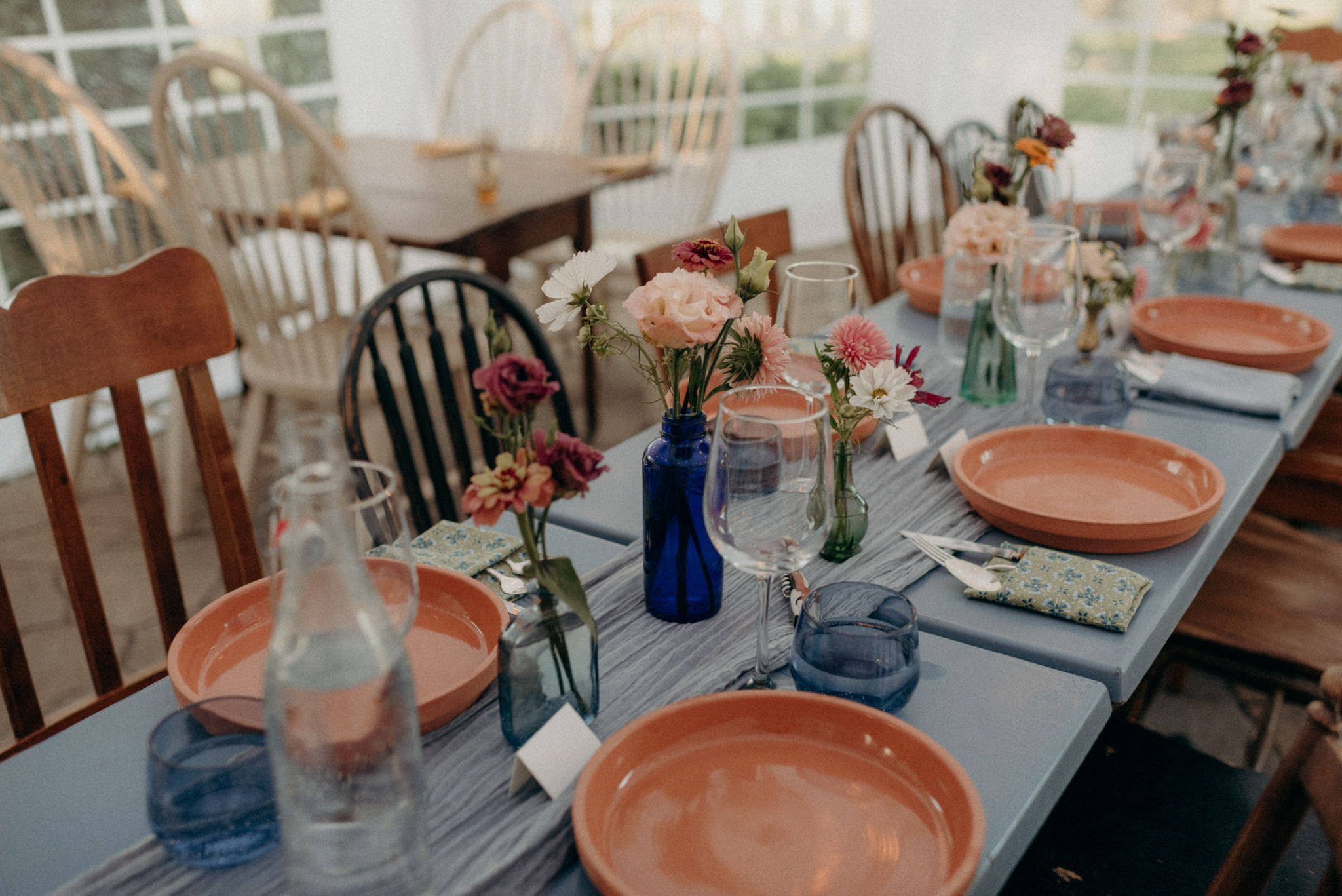 Intimate tent reception, colourful table setting. Good Family Farms Wedding.