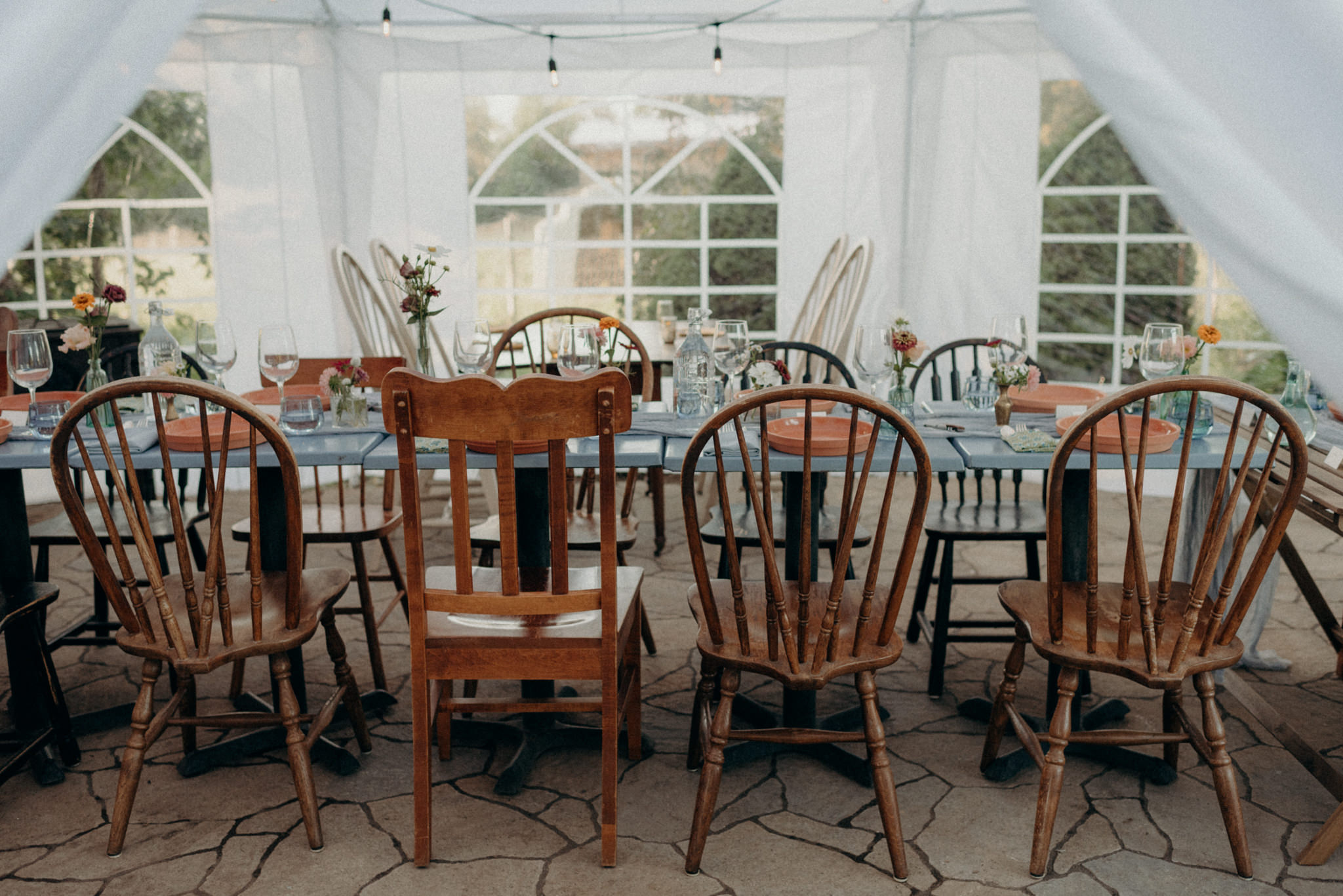 Intimate tent reception, colourful table setting. Good Family Farms Wedding.