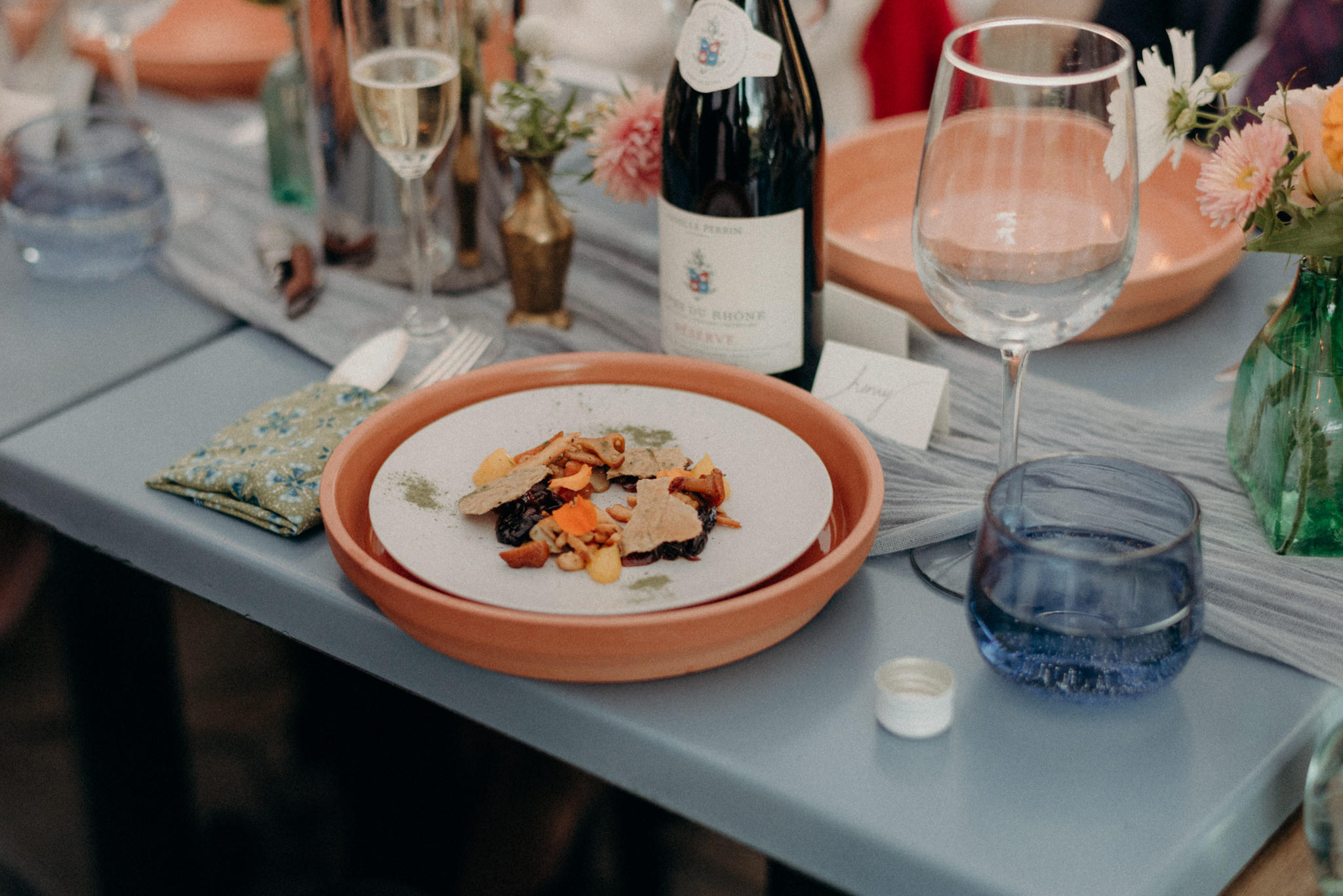 Intimate tent reception, colourful table setting. Good Family Farms Wedding.