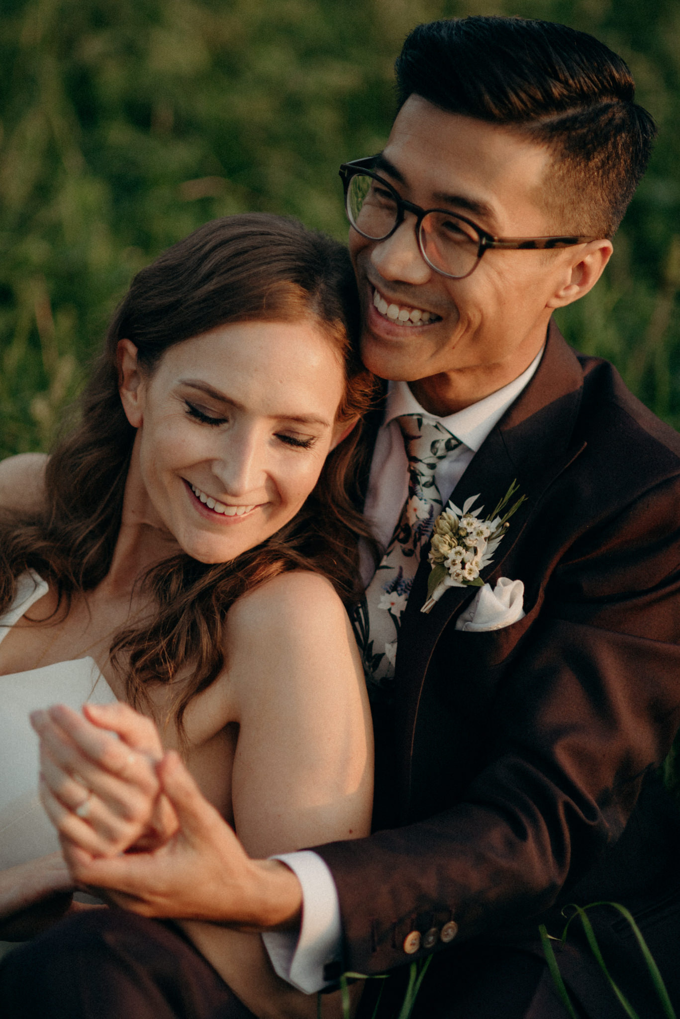 Wedding portraits in a field at sunset. Good Family Farms wedding.