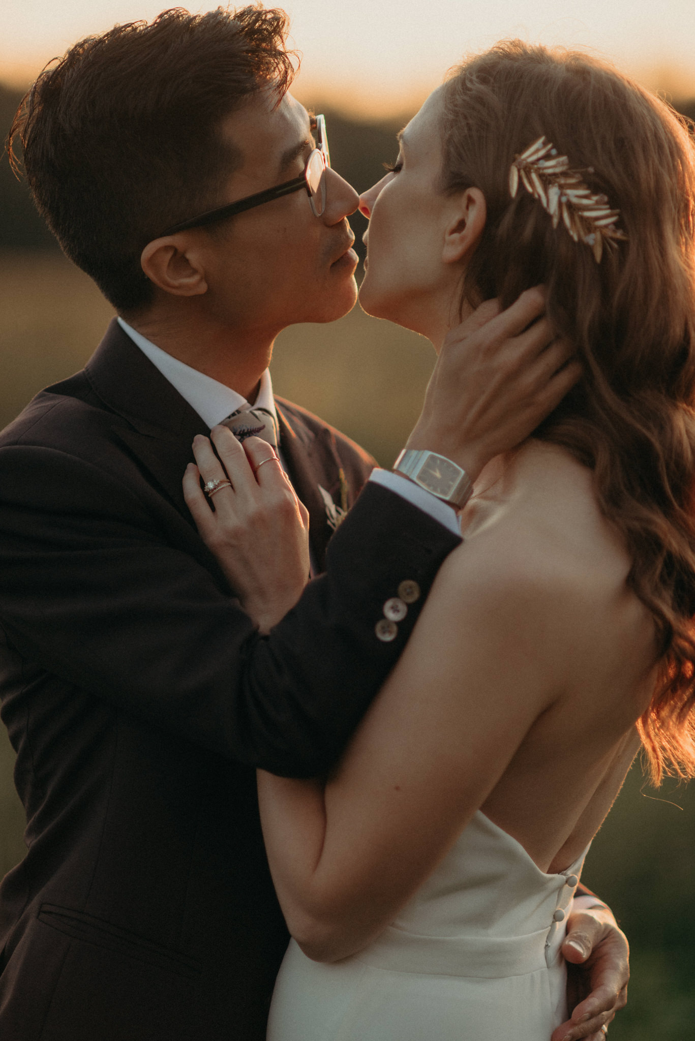 Wedding portraits in a field at sunset. Good Family Farms wedding.