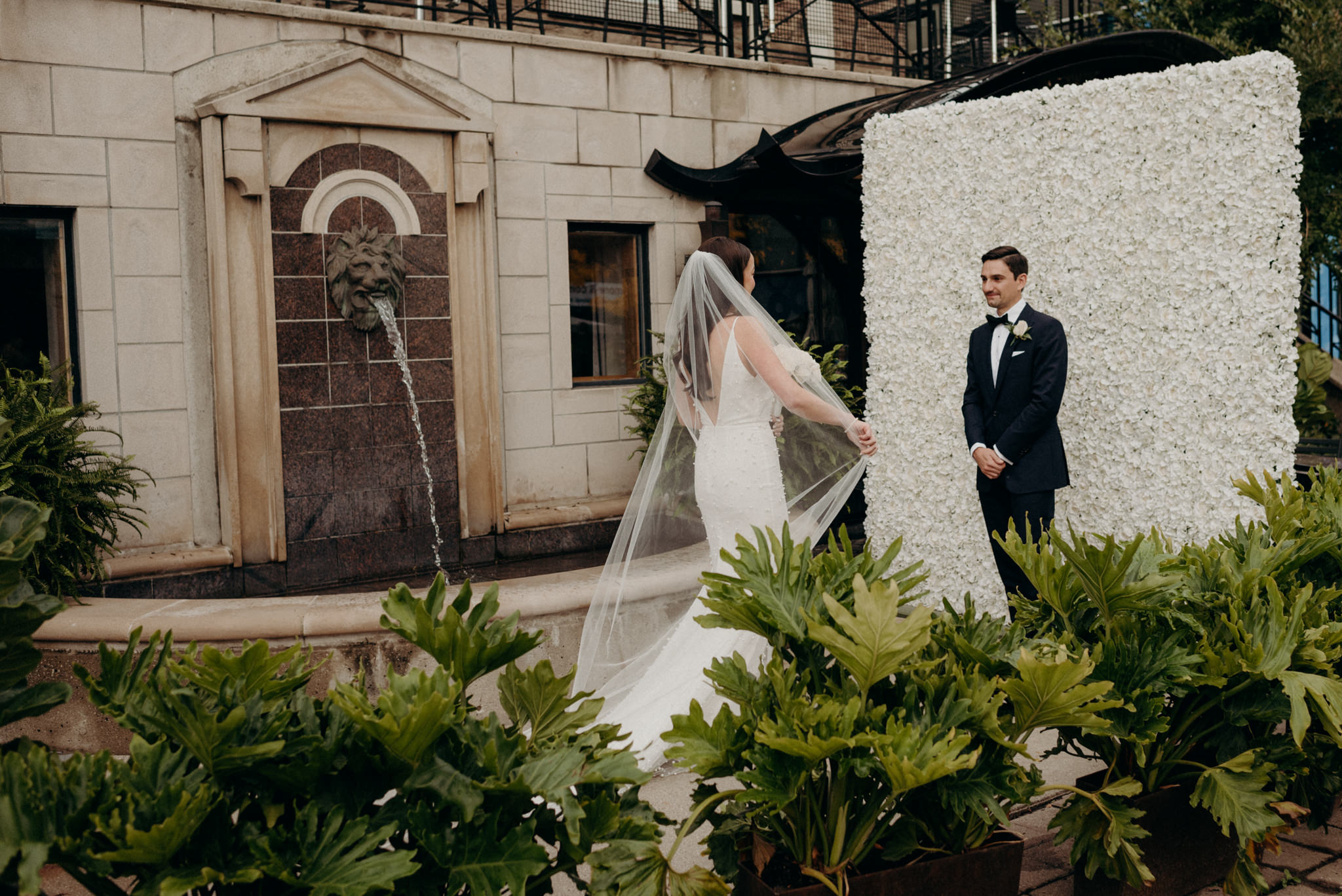 bride and groom first look at wedding at 7 Enoteca