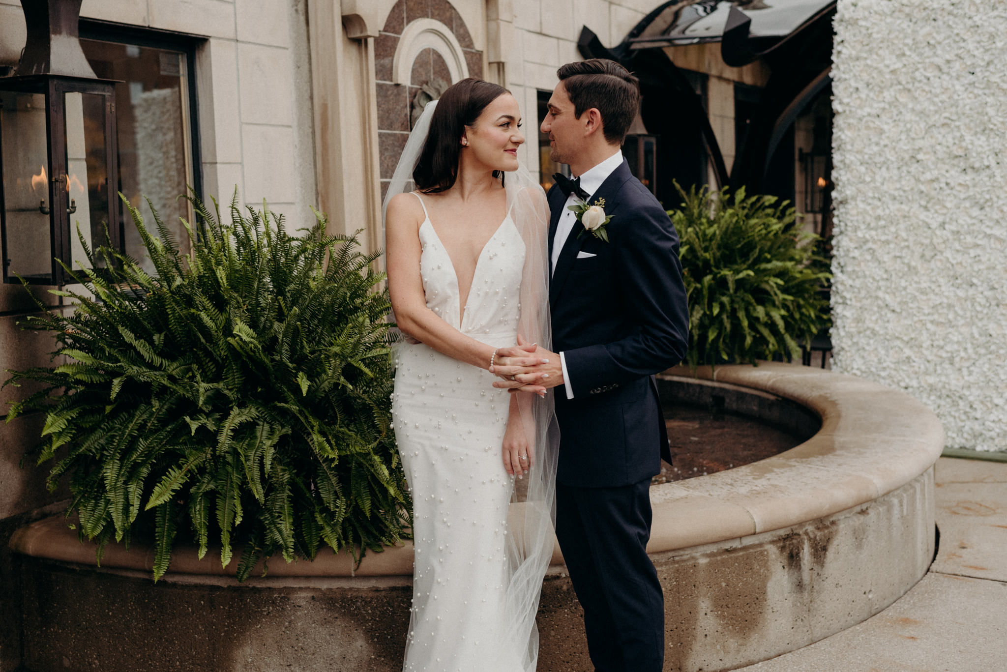 Bride and groom portraits outside 7 Enoteca