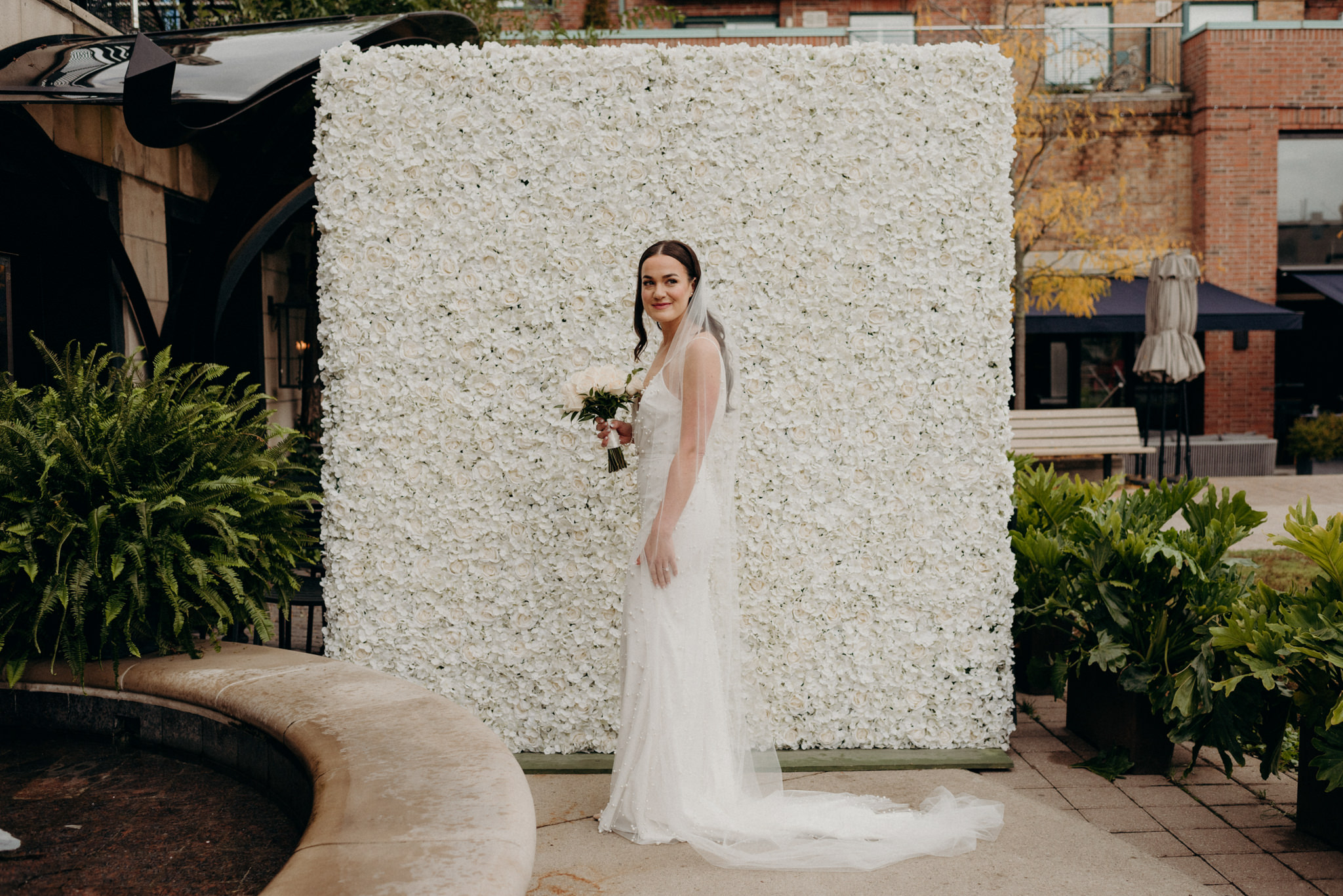 bridal portrait outside 7 Enoteca